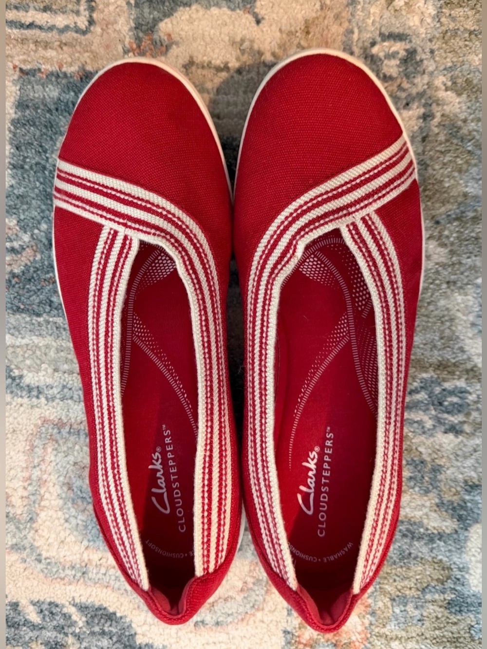 Clarks Red Canvas Slip-On Flats with White Trim